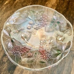 12" glass fruit bowl dish, platter, tray, etched grapevine 12.5" d x 2"h